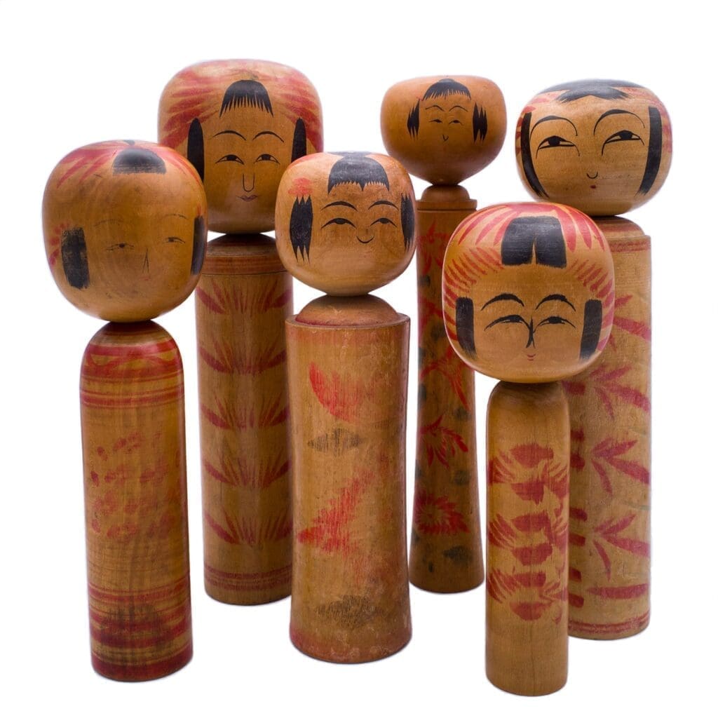 Set of Six Traditional HandPainted Japanese Kokeshi Dolls. Signed