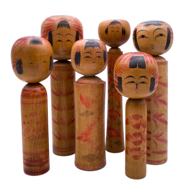 Set of Six Traditional Hand-Painted Japanese Kokeshi Dolls. Signed. Northern Japan, 20th Century