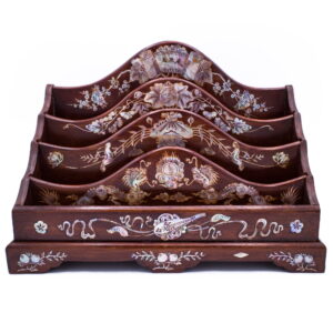 Fine Vietnamese Mother of Pearl Inlaid Hardwood Letter Rack with Dragons and Floral Decoration. Early 20th century
