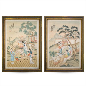Large Pair of Chinese Paintings on Silk With Calligraphy Inscriptions. Early 20th century