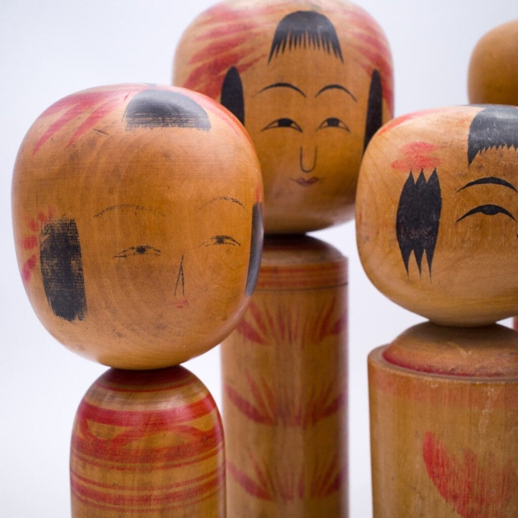 Set of Six Traditional HandPainted Japanese Kokeshi Dolls. Signed