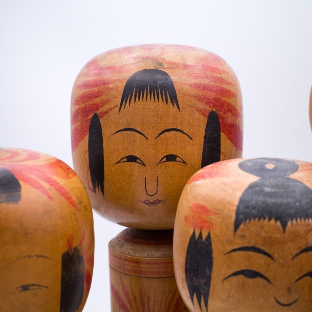 Set of Six Traditional HandPainted Japanese Kokeshi Dolls. Signed