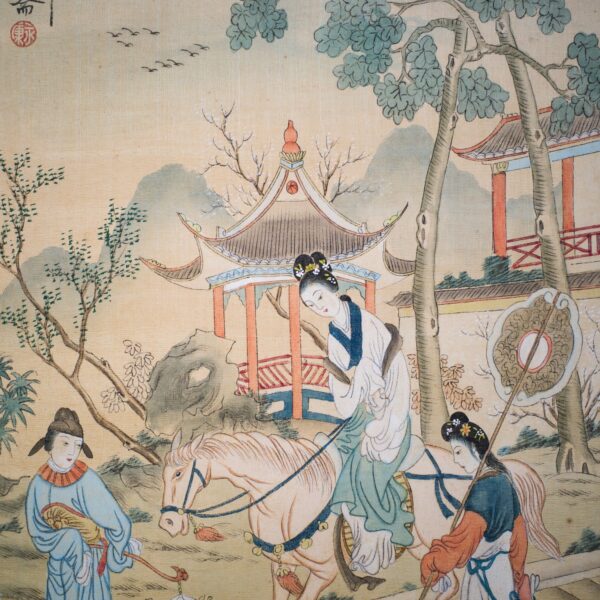 Large Pair of Chinese Paintings on Silk With Calligraphy Inscriptions. Early 20th century
