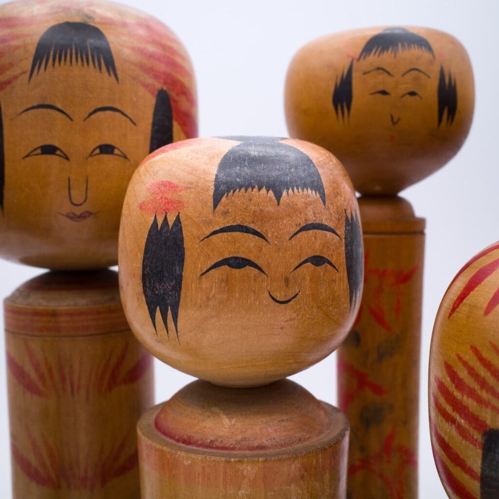 Set of Six Traditional HandPainted Japanese Kokeshi Dolls. Signed