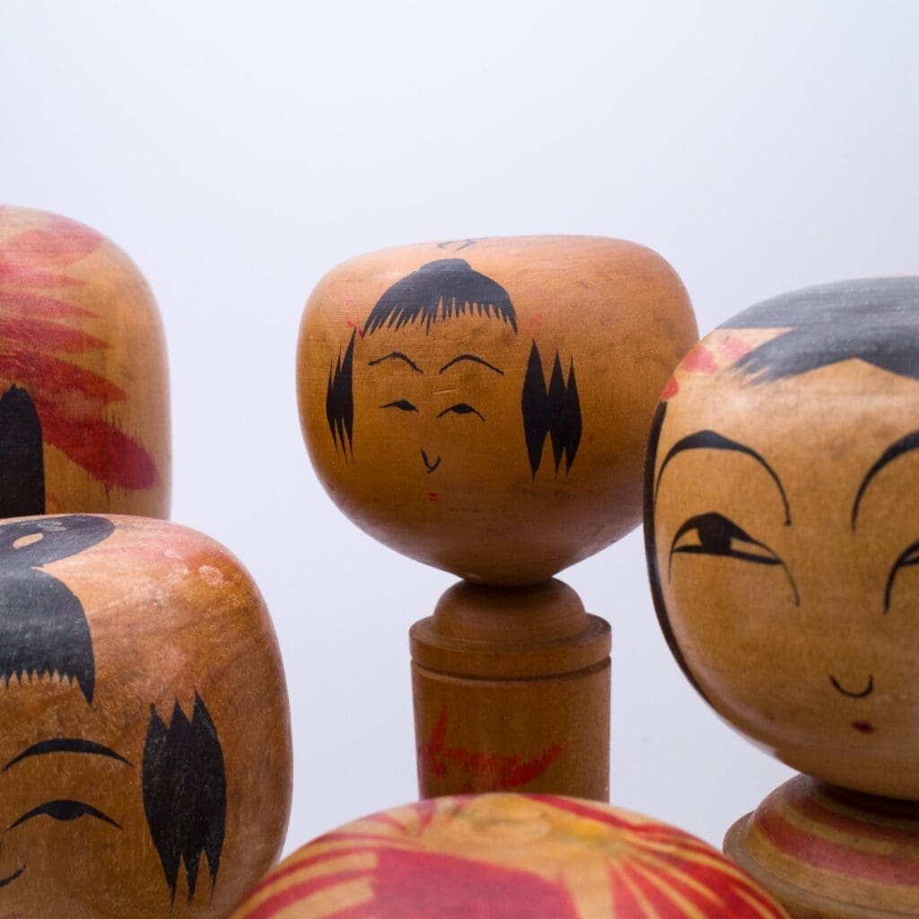 Set of Six Traditional HandPainted Japanese Kokeshi Dolls. Signed