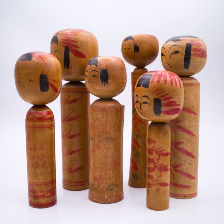 Set of Six Traditional HandPainted Japanese Kokeshi Dolls. Signed