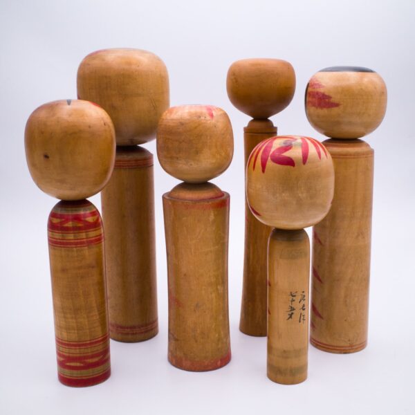 Set of Six Traditional Hand-Painted Japanese Kokeshi Dolls. Signed. Northern Japan, 20th Century