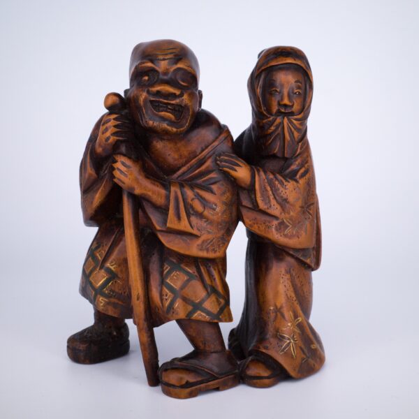 Antique Japanese Boxwood Okimono of a Blind Man With a Young Female Guide. 19th century