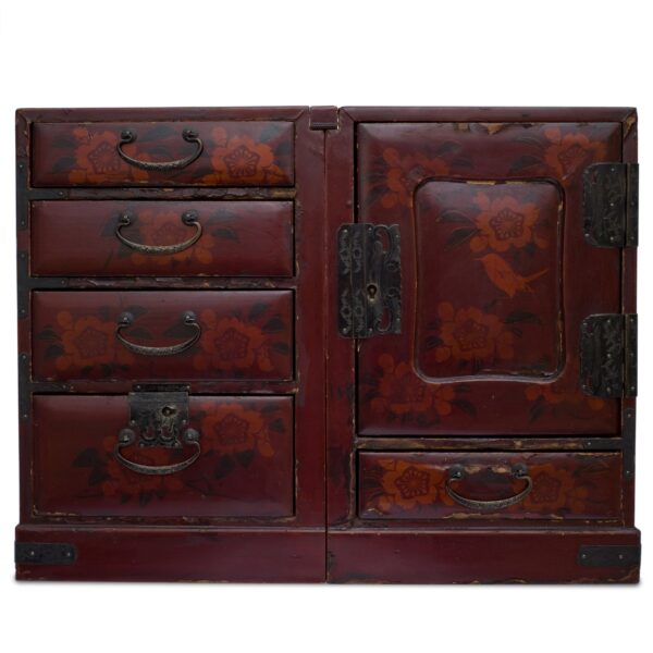 Antique Japanese Lacquered Jewellery Cabinet With Floral Decoration. Early 20th century