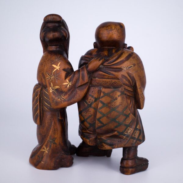 Antique Japanese Boxwood Okimono of a Blind Man With a Young Female Guide. 19th century