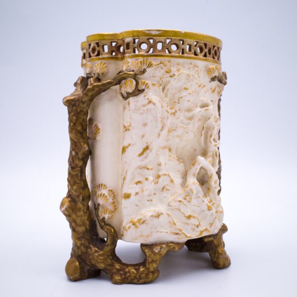Antique Royal Worcester Japanesque Spill Vase With Relief Moulded Scenes. English Aesthetic Movement. Shape 956, dated 1884
