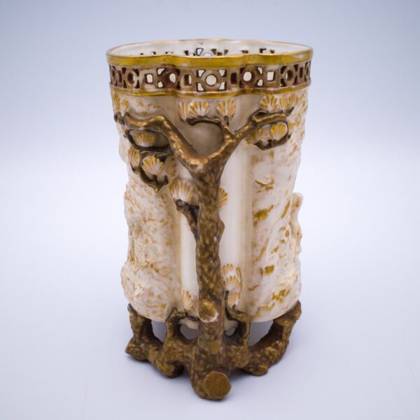 Antique Royal Worcester Japanesque Spill Vase With Relief Moulded Scenes. English Aesthetic Movement. Shape 956, dated 1884