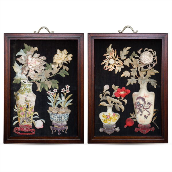 Pair of Antique Chinese Silk and Velvet Panels Depicting Vases With Floral Sprays. 55x40 cm
