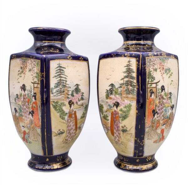 Pair of Antique Japanese Blue-Ground Satsuma Vases by Kusube Sennosuke. Meiji Period