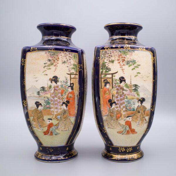 Pair of Antique Japanese Blue-Ground Satsuma Vases by Kusube Sennosuke. Meiji Period