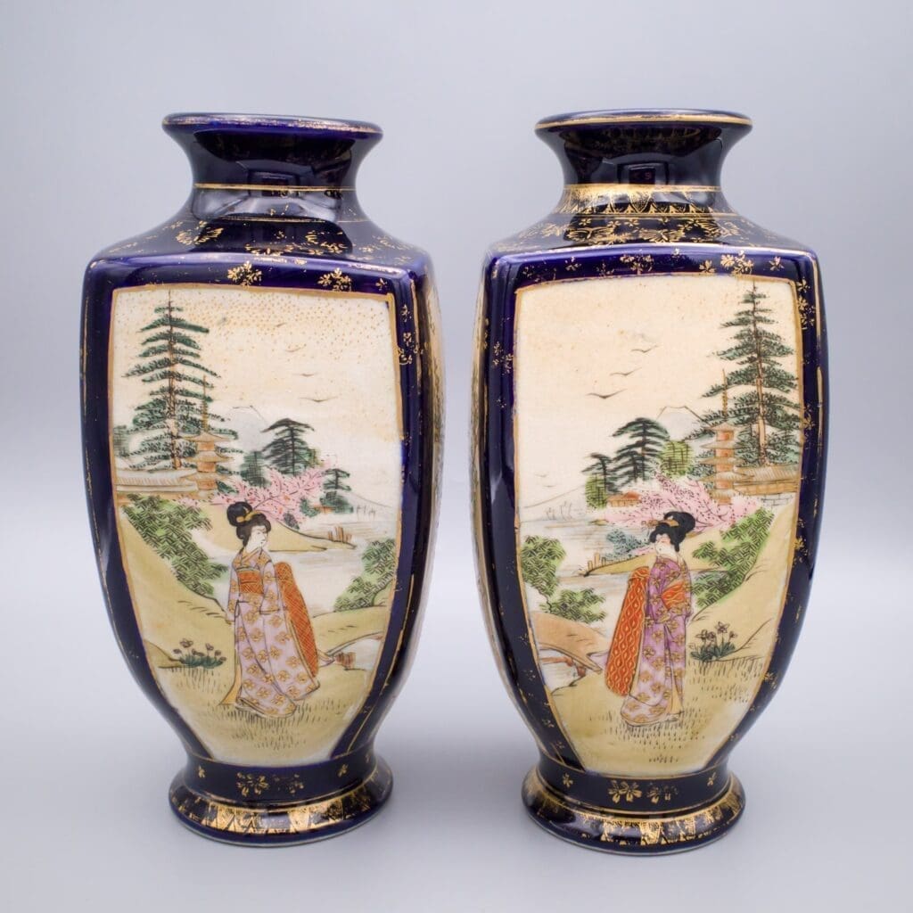 Pair of Antique Japanese BlueGround Satsuma Vases by Kusube Sennosuke