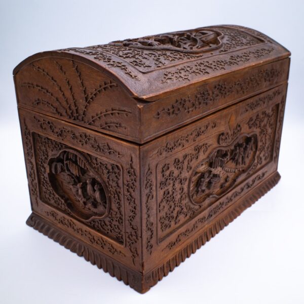 Fine Cantonese Export Relief-Carved Sandalwood Box With Domed Lid. Qing Dynasty, 19th century