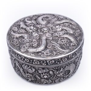 Antique Chinese Silver Box Decorated With Dragons Chasing Flaming Pearls. Marked He Zhen, late 19th century