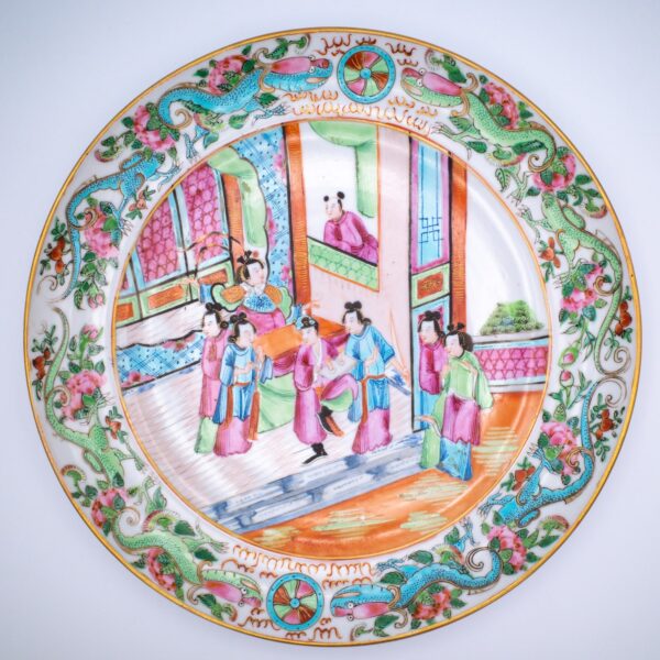 Antique 19th Century Chinese Rose Mandarin Porcelain Plate. Cantonese Famille Rose Dish With Dragon Border