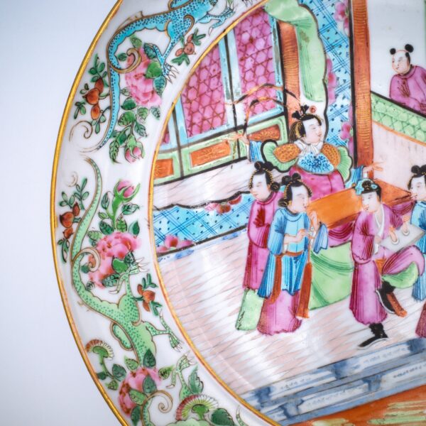 Antique 19th Century Chinese Rose Mandarin Porcelain Plate. Cantonese Famille Rose Dish With Dragon Border