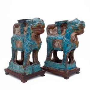 Pair of Chinese Ming Dynasty Turquoise Glazed Foo Lion Joss Stick Holders. 16th-17th century