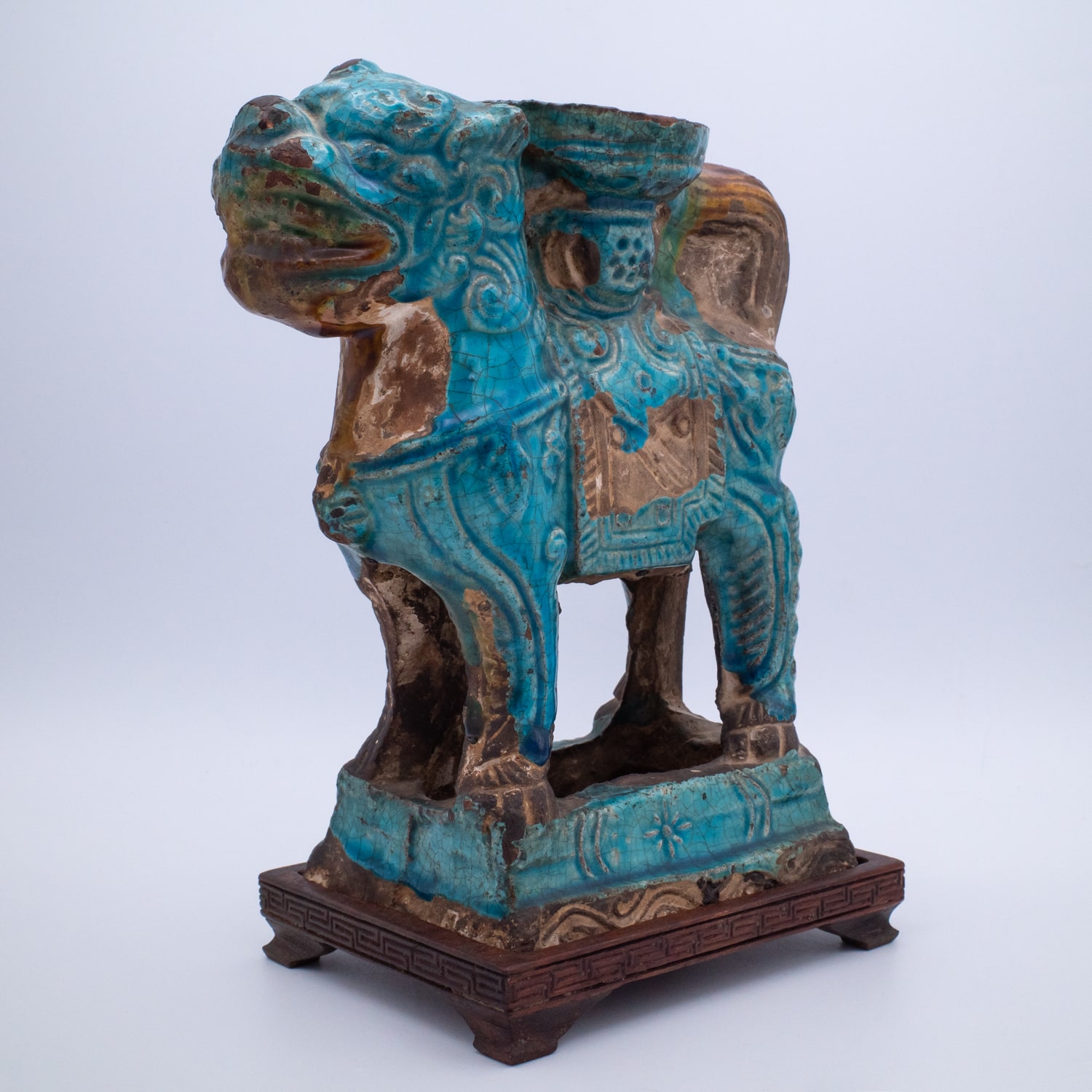 Pair of Chinese Ming Dynasty Turquoise Glazed Foo Lion Joss Stick Holders. 16th-17th century