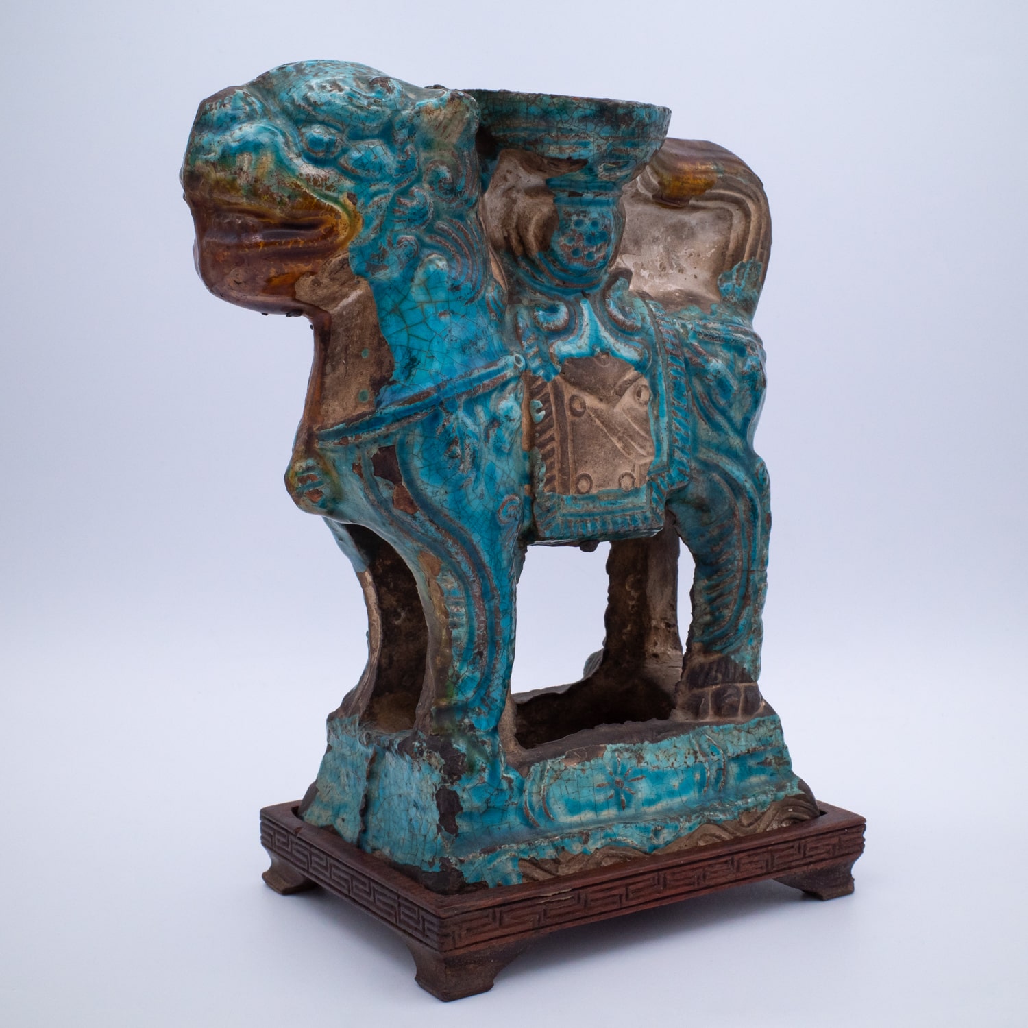 Pair of Chinese Ming Dynasty Turquoise Glazed Foo Lion Joss Stick Holders. 16th-17th century