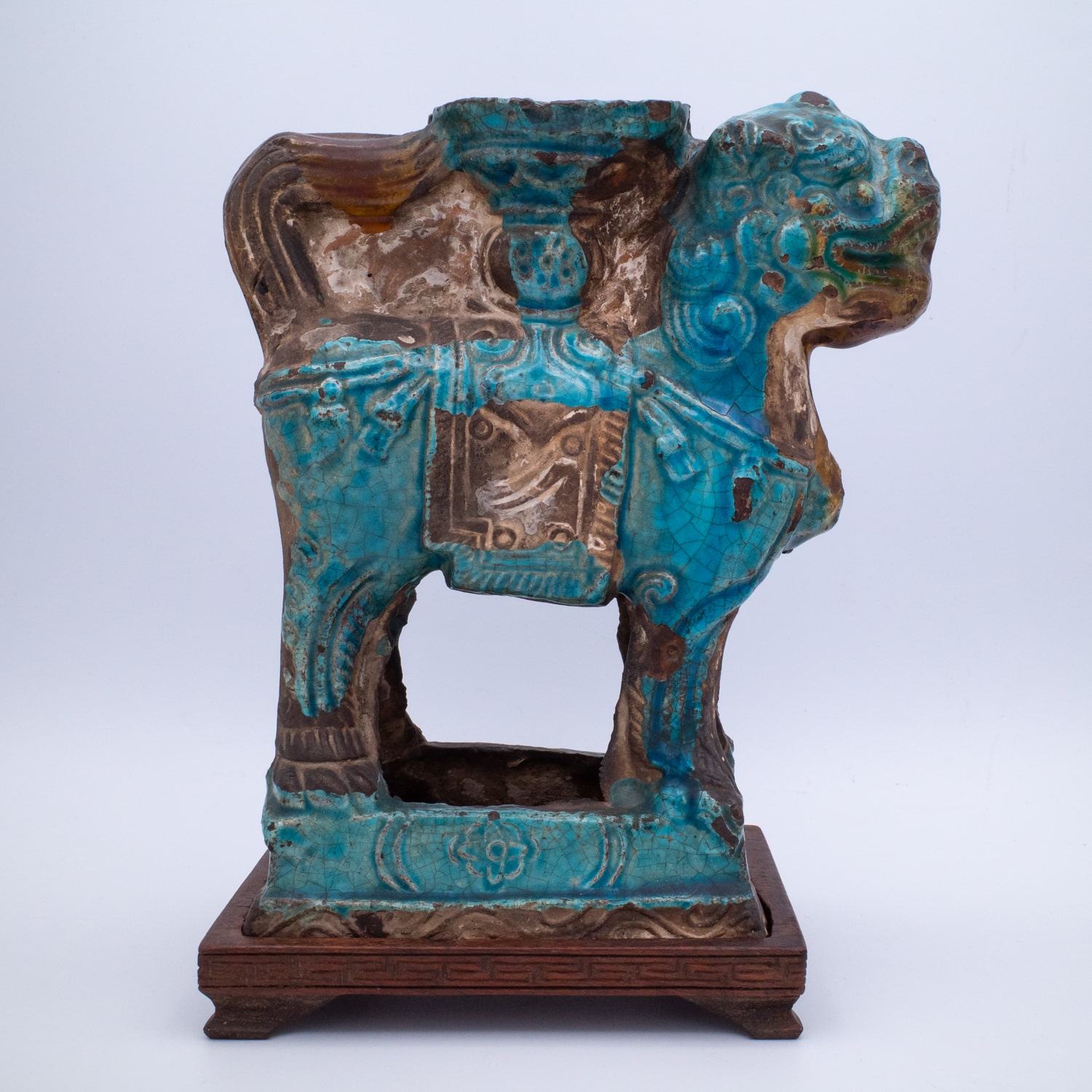 Pair of Chinese Ming Dynasty Turquoise Glazed Foo Lion Joss Stick Holders. 16th-17th century