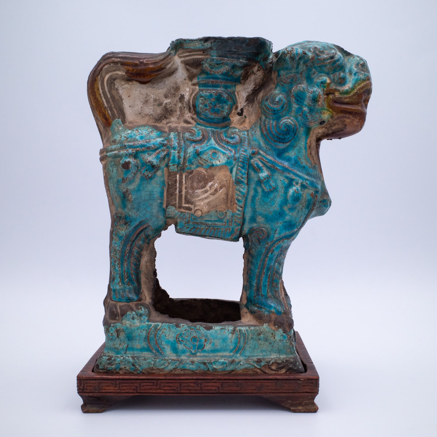 Pair of Chinese Ming Dynasty Turquoise Glazed Foo Lion Joss Stick Holders. 16th-17th century