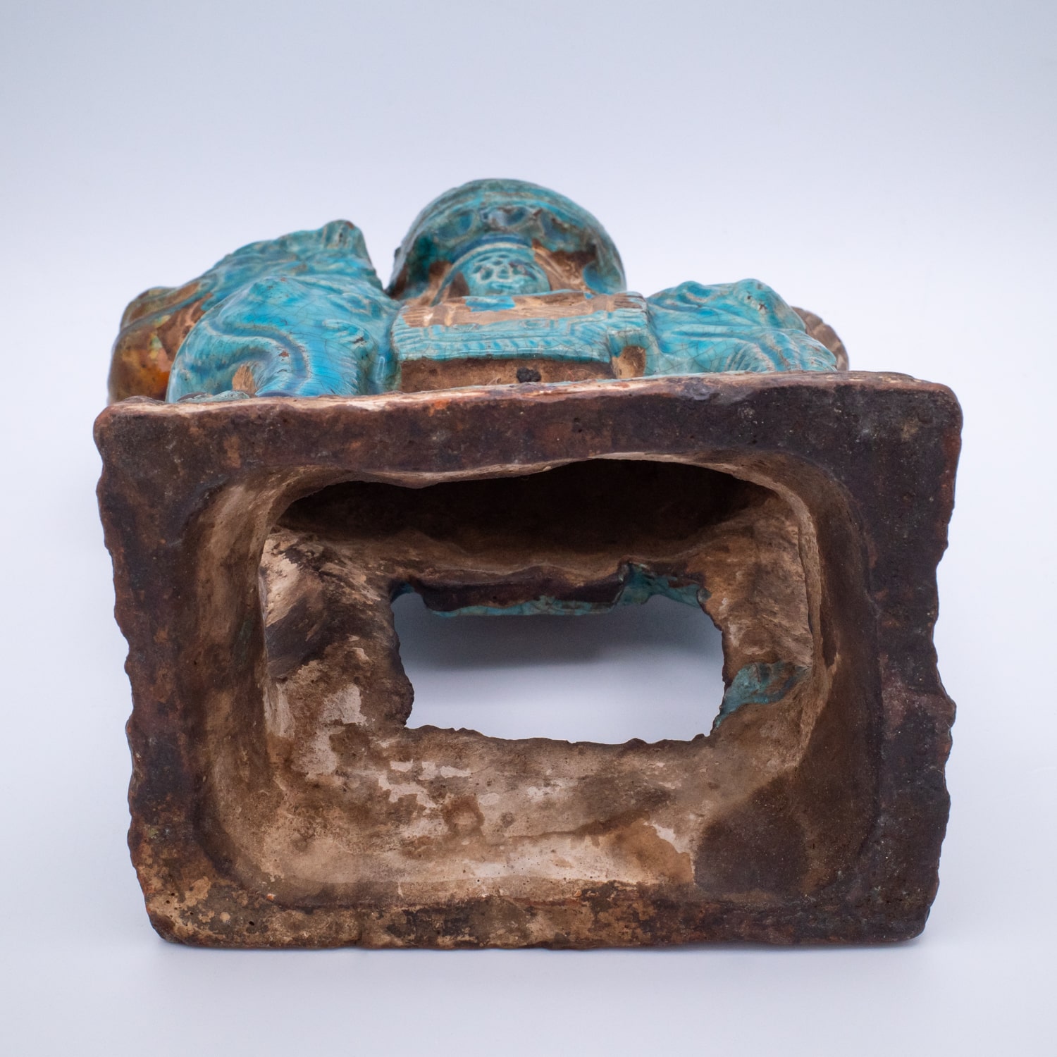 Pair of Chinese Ming Dynasty Turquoise Glazed Foo Lion Joss Stick Holders. 16th-17th century