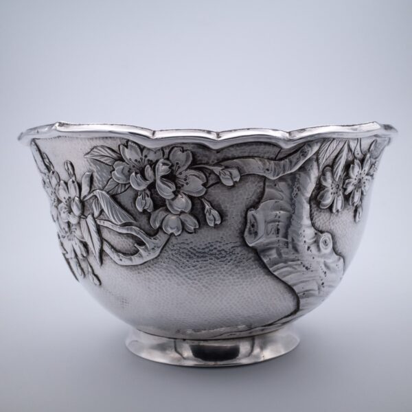 Fine Antique Japanese Silver Bowl With Prunus Blossom by Arthur and Bond, Yokohama. Meiji Period