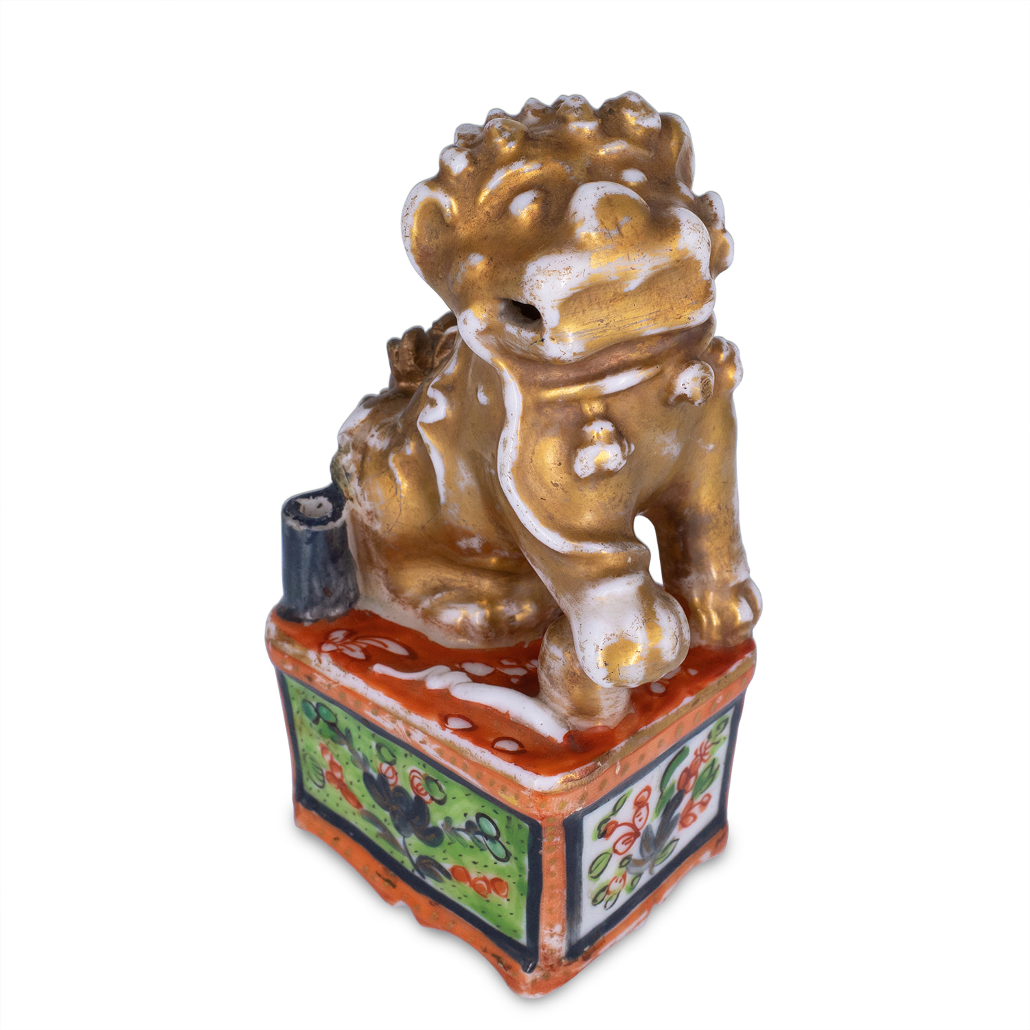 Antique Chinese Clobbered Blanc De Chine Buddhist Lion Joss Stick Holder. Dehua, Kangxi Period (1662-1722)