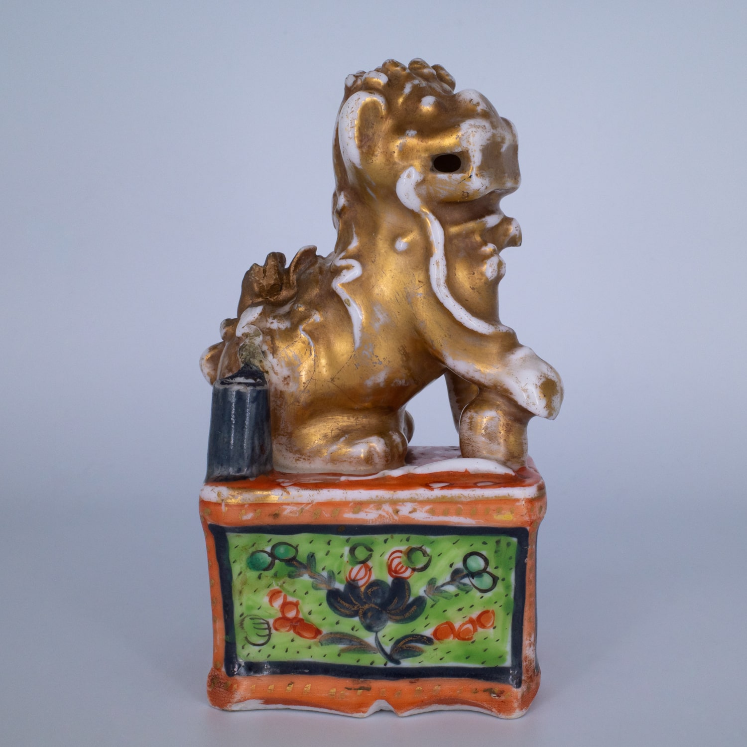 Antique Chinese Clobbered Blanc De Chine Buddhist Lion Joss Stick Holder. Dehua, Kangxi Period (1662-1722)