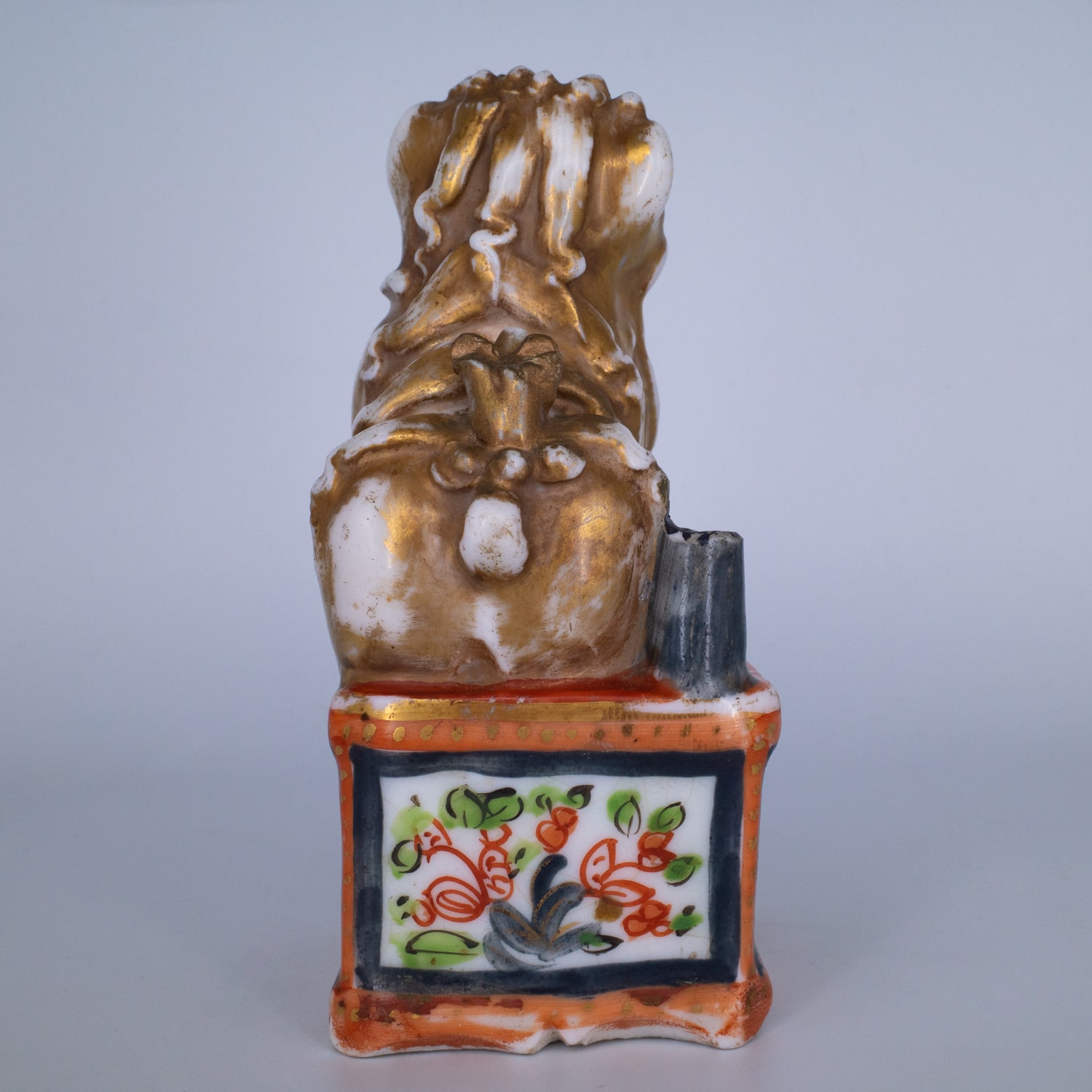 Antique Chinese Clobbered Blanc De Chine Buddhist Lion Joss Stick Holder. Dehua, Kangxi Period (1662-1722)