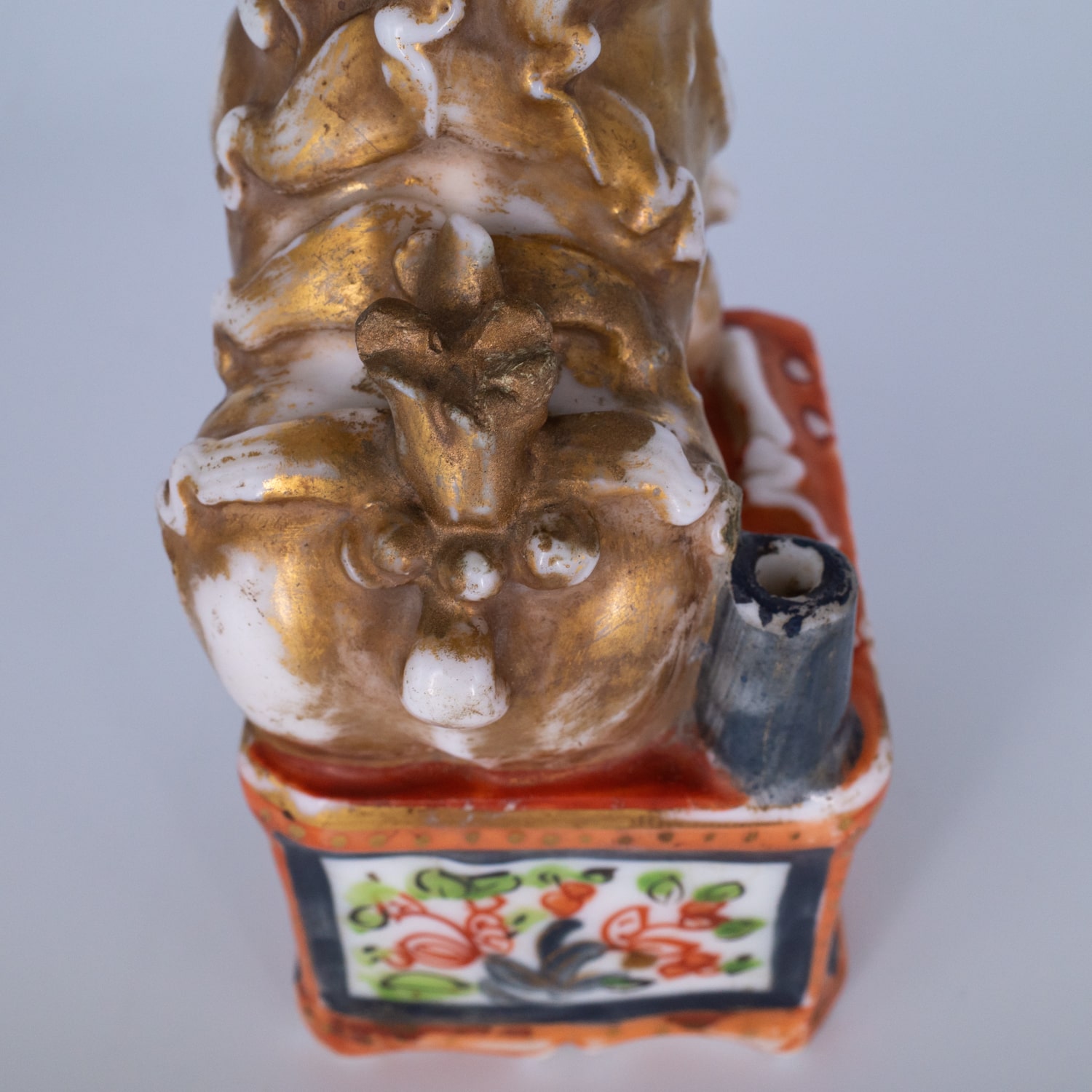 Antique Chinese Clobbered Blanc De Chine Buddhist Lion Joss Stick Holder. Dehua, Kangxi Period (1662-1722)