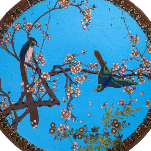 Very Large Japanese Bronze Cloisonné Charger With Birds on a Cherry Tree. Diameter 46cm
