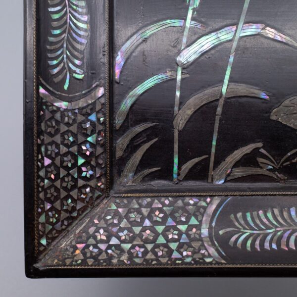 Antique Japanese Black Lacquer Tray With Mother of Pearl Inlaid Quails and Millet Decoration. Edo Period
