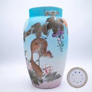 Fine Antique Japanese Sharkskin Glazed 'Squirrel and Grapes' Vase by Takeuchi Chubei. Meiji Period