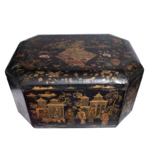 Large Chinese Export Gilt Lacquered Storage Box With Figural Scenes. 19th Century