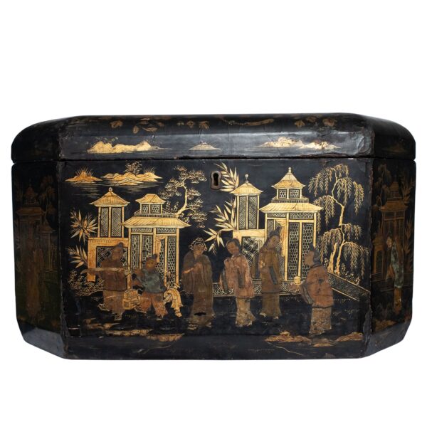 Large Chinese Export Gilt Lacquered Storage Box With Figural Scenes. 19th Century