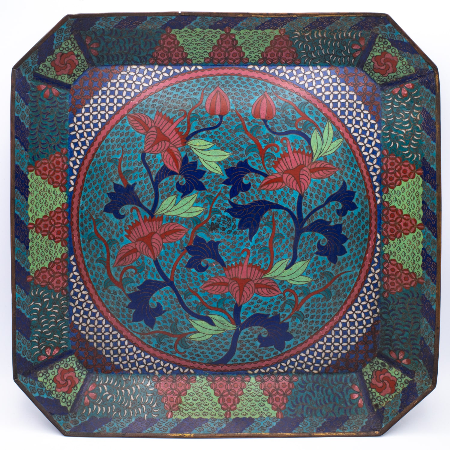 Large Antique Japanese Octagonal Bronze Cloisonné Charger Centrepiece. Meiji Period