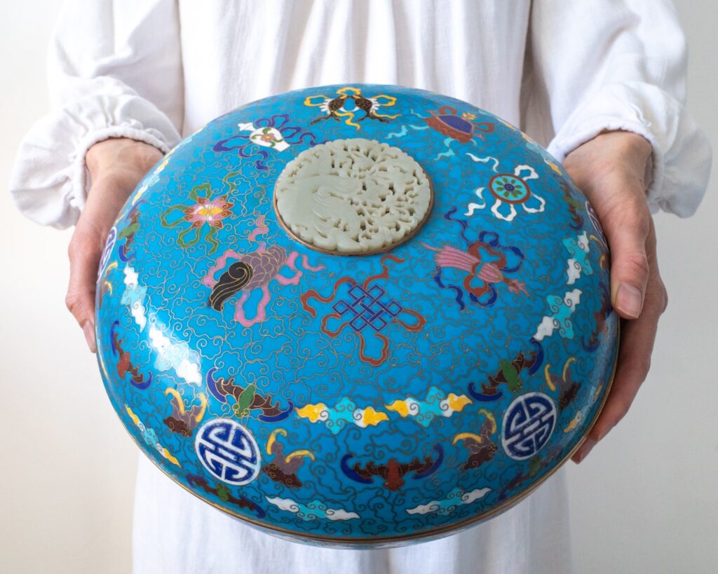 Fine Chinese Cloisonne Round Covered Box With Buddhist Symbols and Carved Jade Plaque