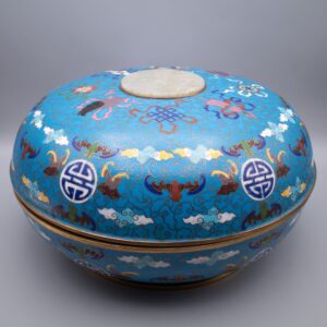 Fine Chinese Cloisonne Round Covered Box With Buddhist Symbols and Carved Jade Plaque