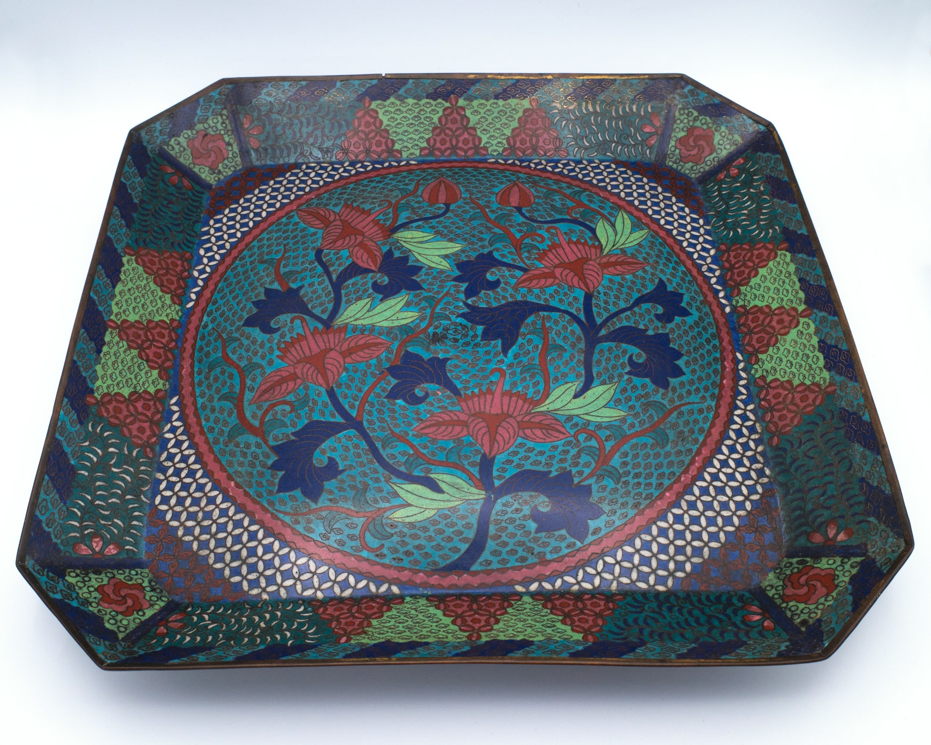 Large Antique Japanese Octagonal Bronze Cloisonné Charger Centrepiece. Meiji Period