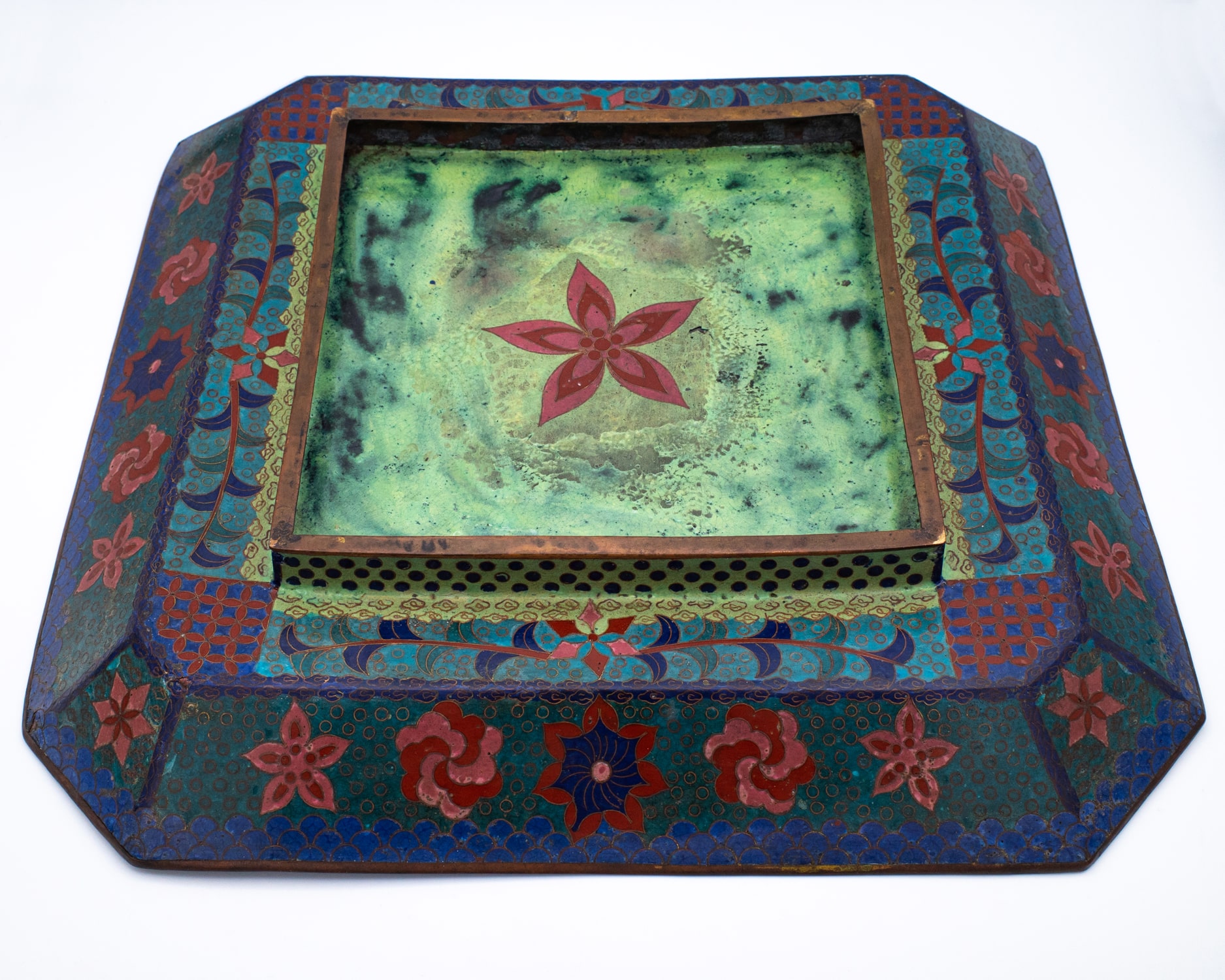 Large Antique Japanese Octagonal Bronze Cloisonné Charger Centrepiece. Meiji Period