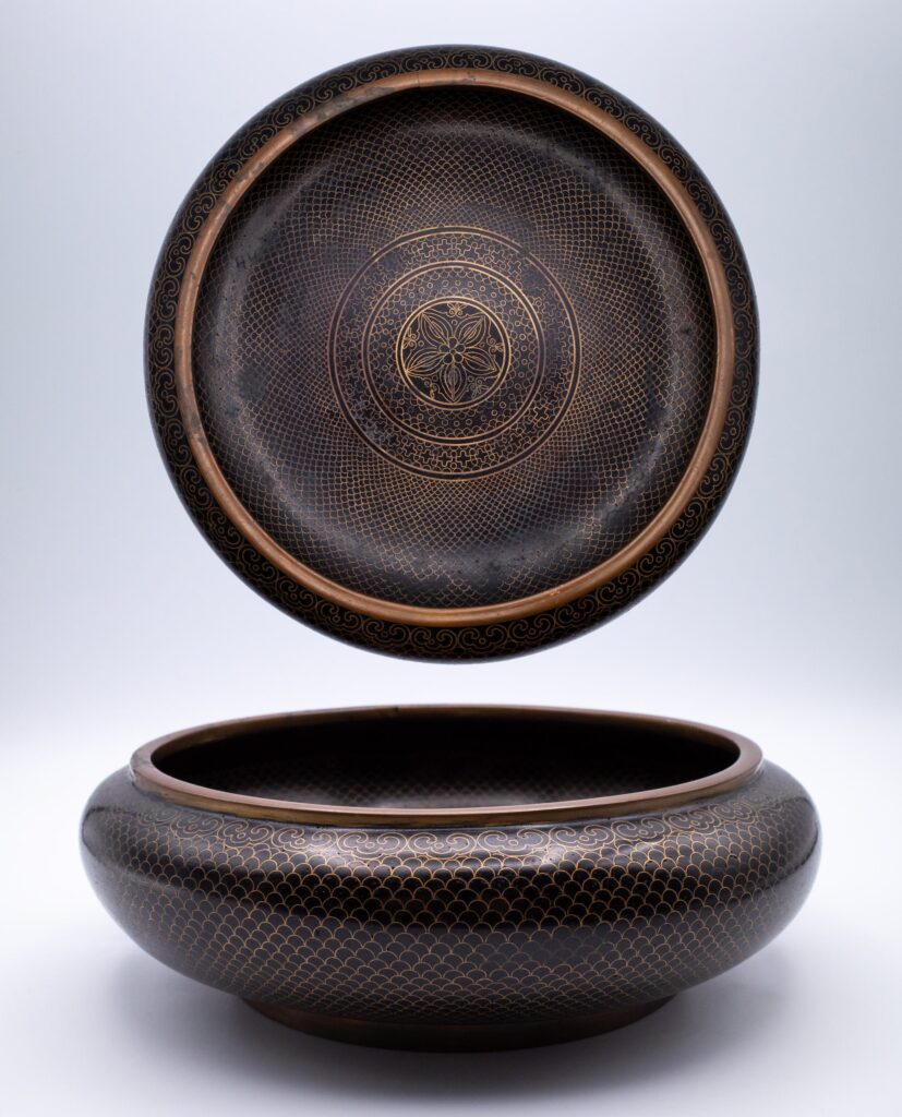 Fine Antique Chinese Fish Scale Cloisonne Calligraphy Brush Washer Bowl. Apocryphal Ming Mark