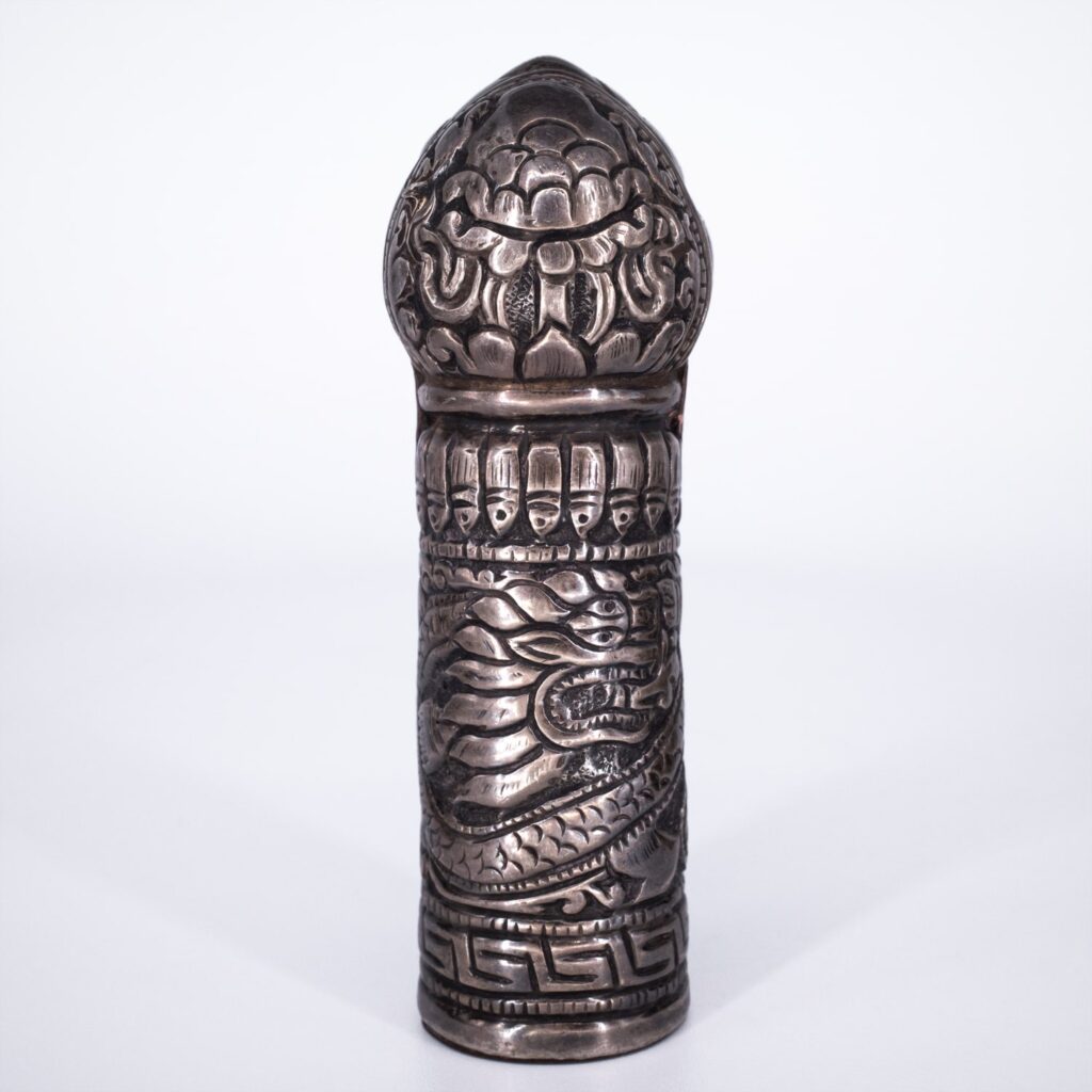 Tibetan Buddhist Silver Repoussé and Iron Personal Seal With Dragon and Lotus