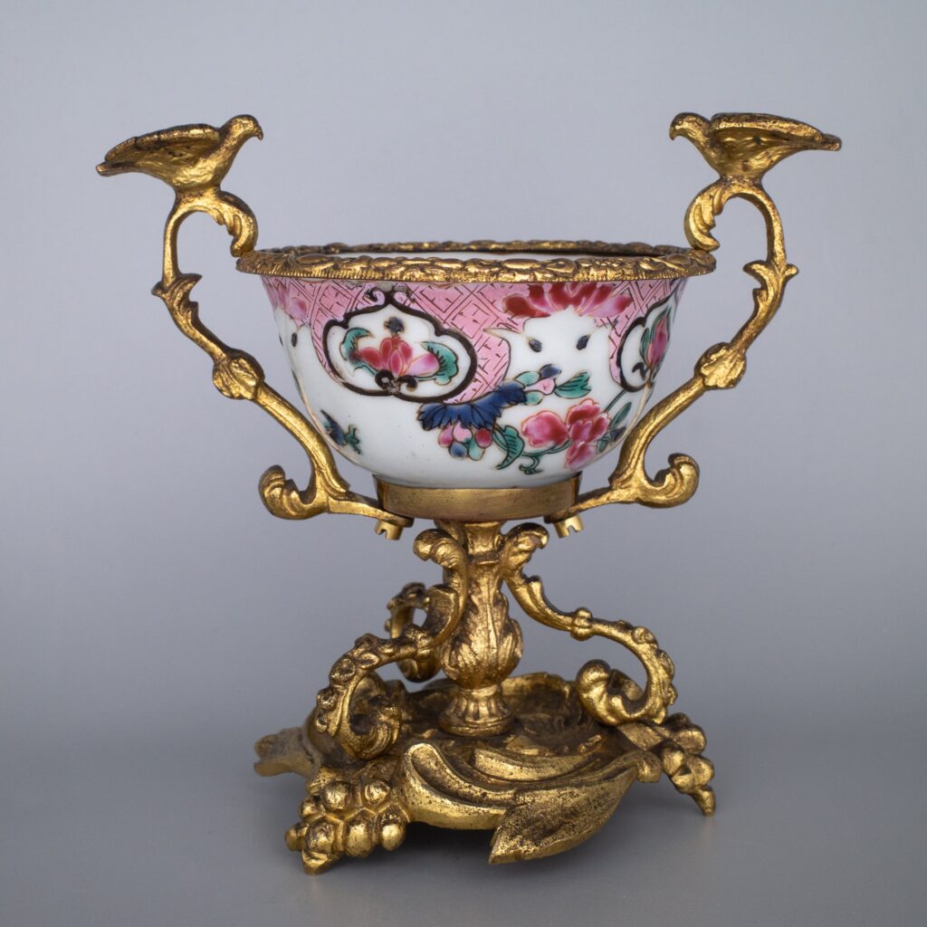 Antique Chinese Yongzheng Period Export Famille Rose Porcelain Cup With Ormolu Mounts
