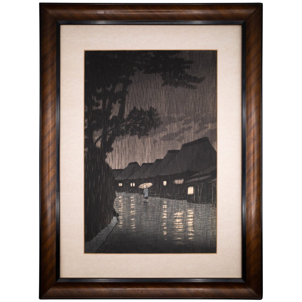 Kawase Hasui - Rainy Night at Maekawa. Original Japanese Shin-hanga Woodblock Print