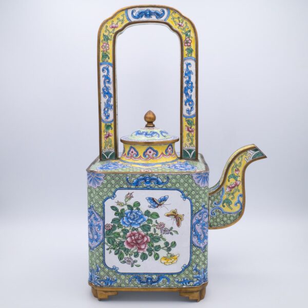 Fine Large Chinese Canton Enamel Square Wine Pot and Cover